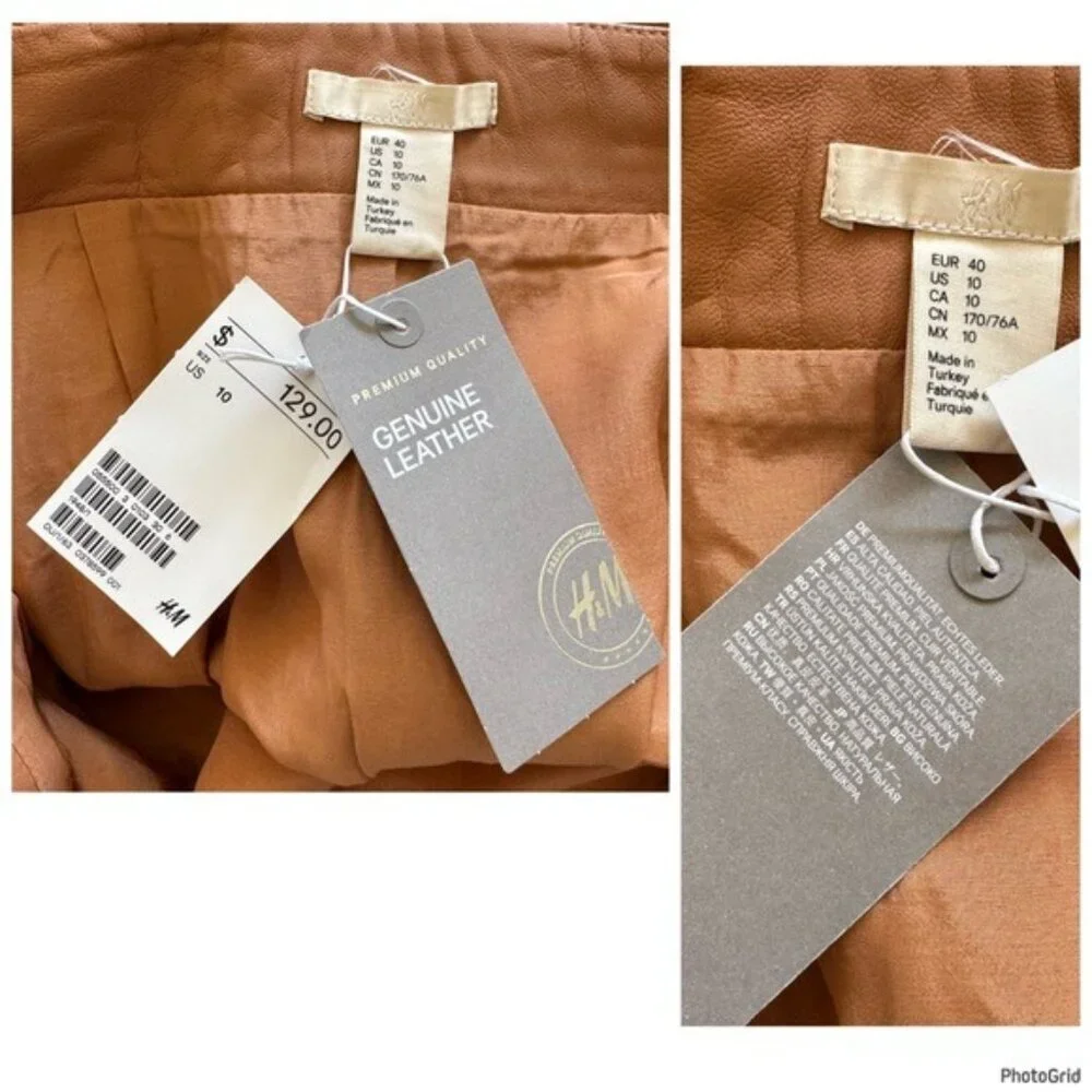 H&M Camel 100% Leather and Suede trim mini Skirt W pockets Side Zip size 10 NEW